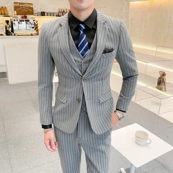 2020 Mees Härrasmees, Bankett Takim Elbise Sobiks Kevadel Uus Stiil Triibuline Ülikond Kolm Tükki Set-Korea Noorte Peigmees Pulmas Ülikond