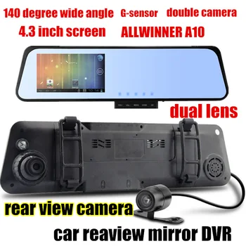 4.3 tolline Auto Rearview Mirror DVR, dual Kaamera, videosalvesti Videokaamera Öise Nägemise Allwinner A10 2X140 Kraadise lainurk