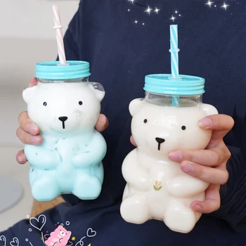 550ml Cute Cartoon Bear Sippy Cup Loominguline kuumakindel Klaas Vett Pudeli Kõrs Mahl, Piim Lapsed Selge Joogi Pudelid
