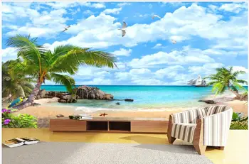 Custom seinamaaling 3d seinast, seinamaal seinale Sinine taevas ja valged pilved mereäärne kookospähkli puud, maastik foto tapeet, elutoas