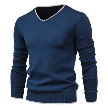 Herbst Neue Pullover V-ausschnitt Pullover Mode 100% Baumwolle Einfarbig Lange Hülse Dünne Pullover Männer Mereväe Strickwaren