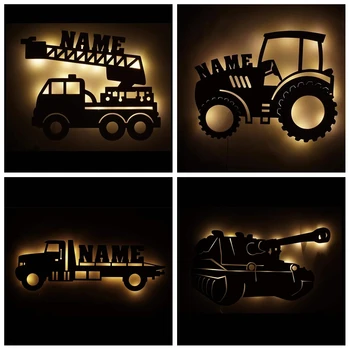Isikliku LED Seina Lamp Auto Paak Aednik Tulekahju Veoauto ja Traktori Custom Nimi Puidust Öö Valguses Lapsed, Lapsed Toas Teenetemärgi