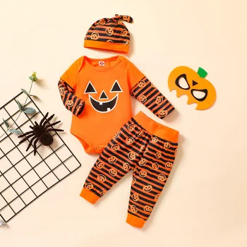 Kolme osaline Beebi Vabaaja Riided Komplekt Halloween Pumpkin Trükitud Pikk Varrukas Kaeluse ümber Romper ja Püksid Müts