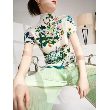 Miyake Plisseeritud Topid Naistele Suvel 2022 Uus kõrge kaelusega Lühikese varrukaga, kanna Salendavad Stretch Floral Print T-Särgid naistele 45-75kg