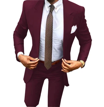 Mood Burgundia Meeste Ülikonnad Slim Fit 2 Töö Kõnniteed Tuxedos Klassikaline Piir Rinnamikrofon Pulm Groomsmen/Osaline (Pintsak+Pant) 2020 Uus