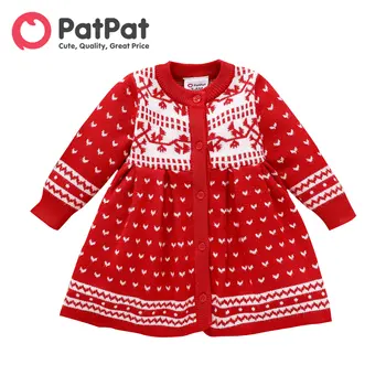 PatPat Christmas Baby Girl Allover Muster Punane Pika varruka Nuppu Kootud Kampsun Kleit