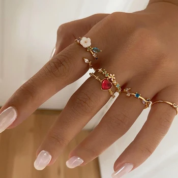 Punane Süda Crystal Tsirkoon Rõngad Komplekt Naistele Tüdruk Glasuur Lille Lehed Rõngad Naine Pulmad Engagement Ehted sõrmused naistele